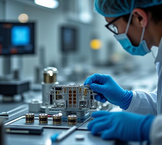 A highly skilled technician meticulously assembling a complex lens array within a pristine clean room environment, illuminated by focused task lighting.