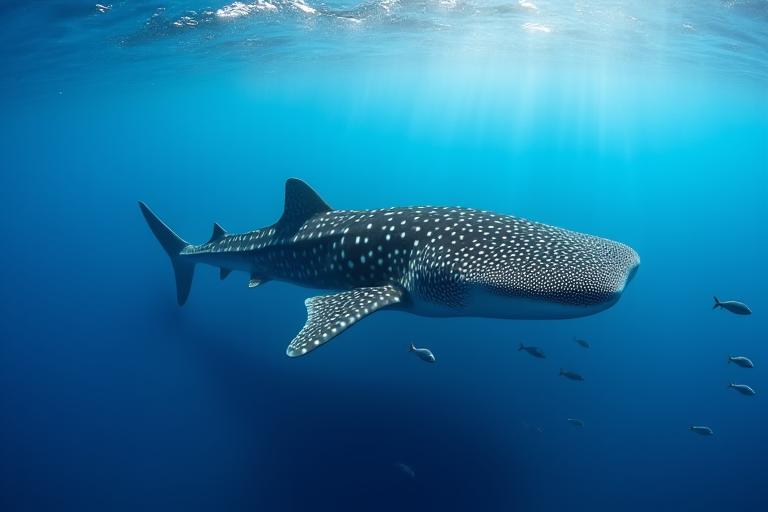 A majestic whale shark glides effortlessly through crystal-clear blue ocean waters, surrounded by smaller pilot fish, its enormous mouth agape as it filters plankton.