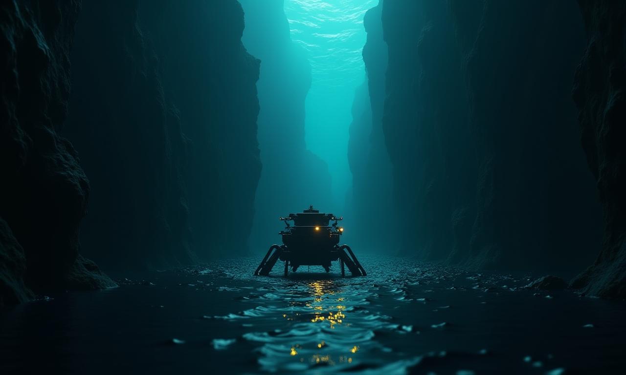 A remotely operated vehicle exploring a deep-sea trench, with subtle bioluminescence